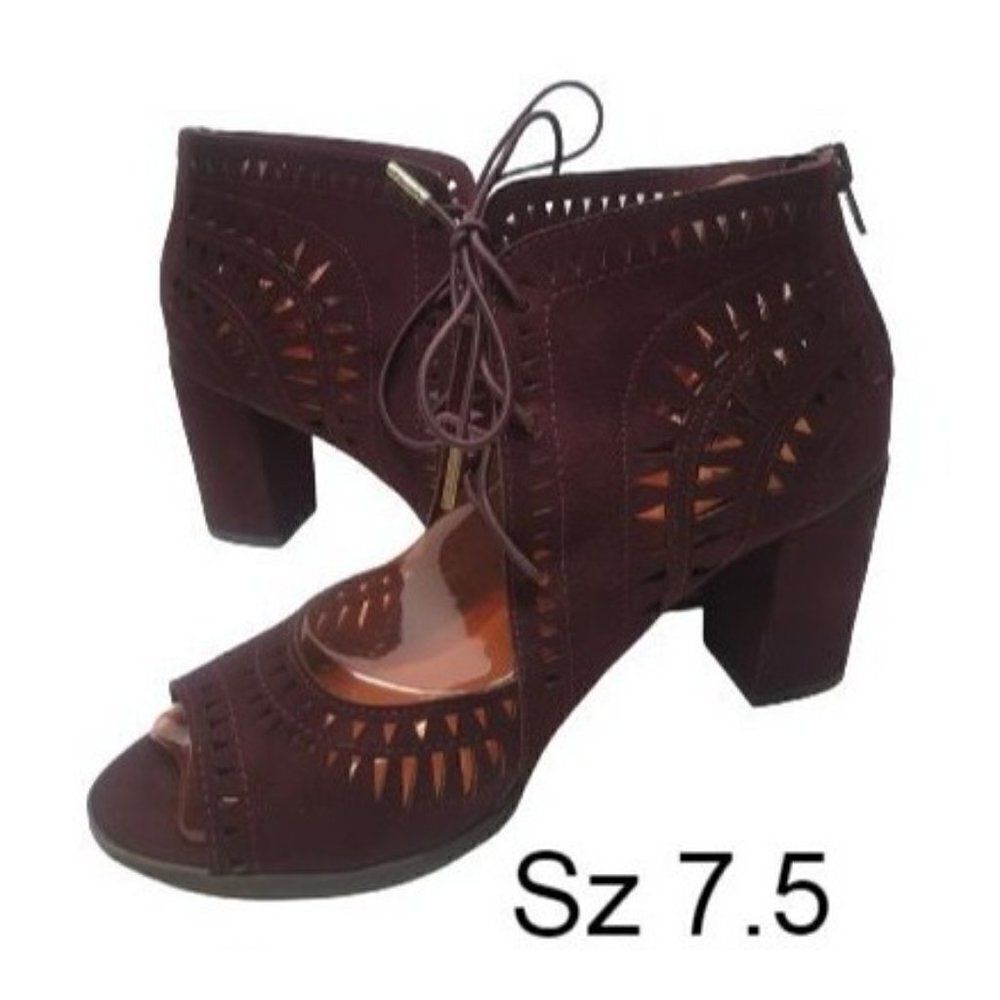 Women's Heeled Sandals Cutout Lace-Up Suede Chic Burgundy Pumps 7.5